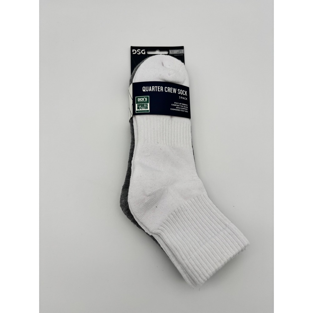 DSG Quarter Crew Socks 3 Pack Mens Large Black White Grey Athletic Arch Support